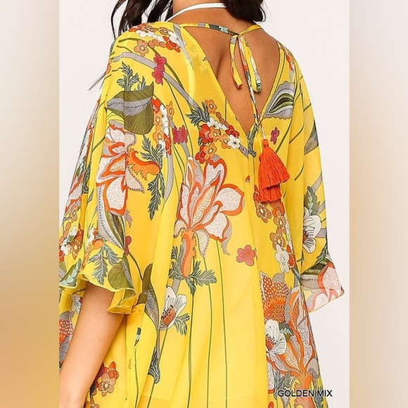 Gigio Yellow Floral Side Slit Kimono Lightweight Cover-up Cape XL - Picture 2 of 11